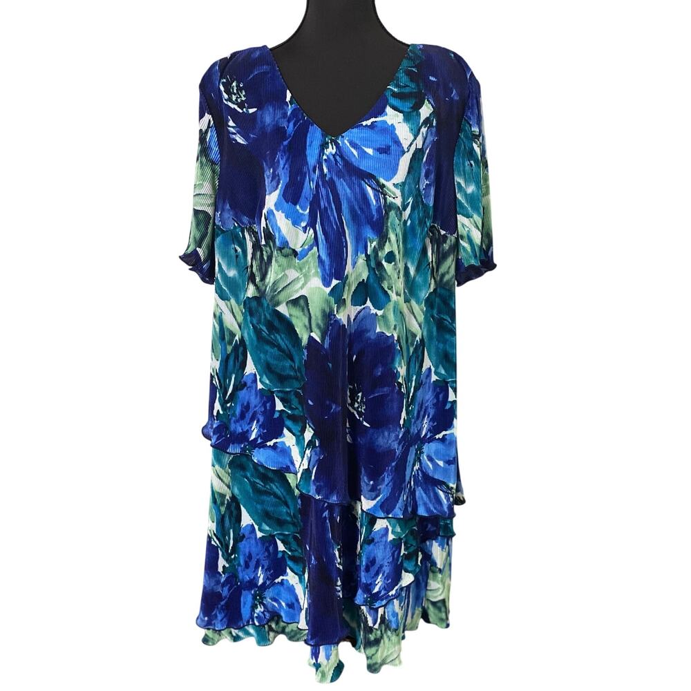 Connected Apparel 18W Blue Floral Pleated Tiered Dress Flutter Sleeve Plus Size